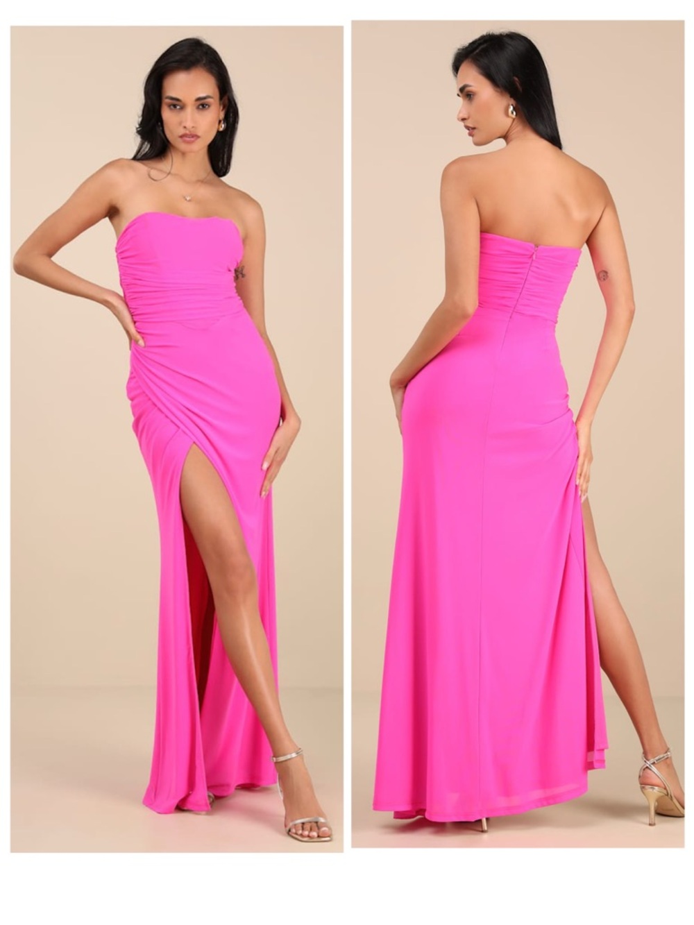 Lulus Epitome of Allure Hot Pink Mesh Strapless Ruched Maxi Dress Size Medium
